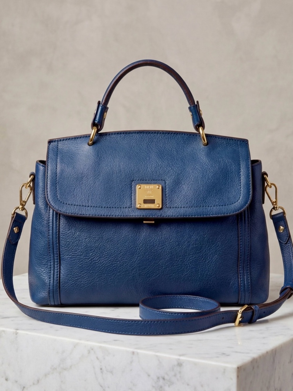 MCM Munchen Navy Pebbled Leather Large Satchel  Top Handle Crossbody bag